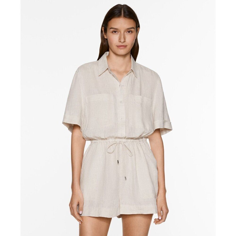 Oysho Womens Jumpsuit S Small One Piece Beige Linen Short Sleeve 5658/619 NWT